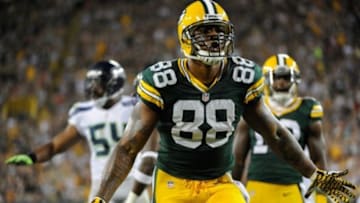 Aug 23, 2013; Green Bay, WI, USA; Green Bay Packers tight end Jermichael Finley (88) during the game against the Seattle Seahawks at Lambeau Field. Mandatory Credit: Benny Sieu-USA TODAY Sports