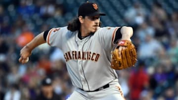 Sep 6, 2016; Denver, CO, USA; San Francisco Giants starting pitcher Jeff Samardzija (29) delivers a pitch in the second inning against the Colorado Rockies at Coors Field. Mandatory Credit: Ron Chenoy-USA TODAY Sports