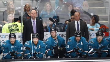 SAN JOSE, CA - SEPTEMBER 25: Head coach Peter DeBoer and Assistant coach Steve Spott of the San Jose Sharks coach against the Arizona Coyotes at SAP Center on September 25, 2015 in San Jose, California. (Photo by Rocky W. Widner/NHL/Getty Images)