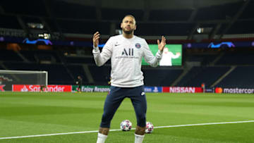 PARIS, FRANCE - MARCH 11: (FREE FOR EDITORIAL USE) In this handout image provided by UEFA, Neymar of Paris Saint-Germain warms up prior to the UEFA Champions League round of 16 second leg match between Paris Saint-Germain and Borussia Dortmund at Parc des Princes on March 11, 2020 in Paris, France. The match is played behind closed doors as a precaution against the spread of COVID-19 (Coronavirus). (Photo by UEFA - Handout/UEFA via Getty Images)