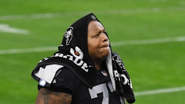 LAS VEGAS, NEVADA - DECEMBER 13: Offensive tackle Trent Brown #77 of the Las Vegas Raiders walks off the field at halftime of a game against the Indianapolis Colts at Allegiant Stadium on December 13, 2020 in Las Vegas, Nevada. The Colts defeated the Raiders 44-27. (Photo by Ethan Miller/Getty Images)