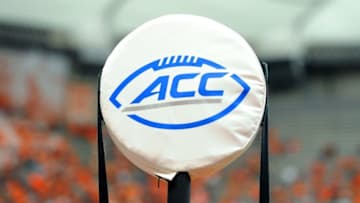 Sep 19, 2015; Syracuse, NY, USA; General view of the Atlantic Coast Conference logo on a yard marker during the game between the Central Michigan Chippewas and the Syracuse Orange in the third quarter at the Carrier Dome. Syracuse won 30-27 in overtime. Mandatory Credit: Rich Barnes-USA TODAY Sports