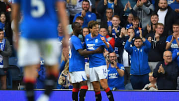 Rangers' Dutch striker Sam Lammers (R) celebrates after scoring during the pre-season friendly football match between Rangers and Newcastle United at the Ibrox Stadium, in Glasgow, on July 18, 2023. (Photo by ANDY BUCHANAN / AFP) (Photo by ANDY BUCHANAN/AFP via Getty Images)