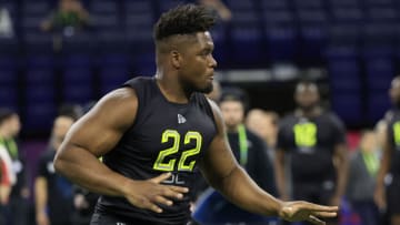 INDIANAPOLIS, INDIANA - MARCH 04: Zion Johnson #OL22 of the Boston College runs a drill during the NFL Combine at Lucas Oil Stadium on March 04, 2022 in Indianapolis, Indiana. (Photo by Justin Casterline/Getty Images)