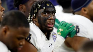 ARLINGTON, TEXAS - DECEMBER 29: Khalid Kareem #53 of the Notre Dame Fighting Irish looks on from the bench during the College Football Playoff Semifinal Goodyear Cotton Bowl Classic at AT&T Stadium on December 29, 2018 in Arlington, Texas. (Photo by Tim Warner/Getty Images)