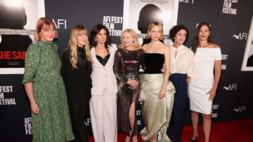 HOLLYWOOD, CALIFORNIA - NOVEMBER 04: (L-R) Rebecca Lenkiewicz, Dede Gardner, Jodi Kantor, Patricia Clarkson, Carey Mulligan, Maria Schrader and Megan Twohey attend the AFI Fest 2022: Red Carpet Premiere of “She Said” at TCL Chinese Theatre on November 04, 2022 in Hollywood, California. (Photo by Jesse Grant/Getty Images for AFI)