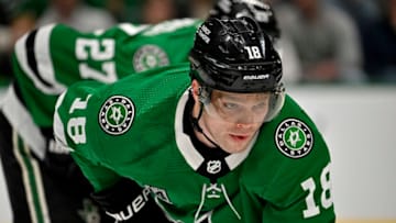 Mar 4, 2023; Dallas, Texas, USA; Dallas Stars center Max Domi (18) waits for the face-off in the Stars zone during the first period against the Colorado Avalanche at the American Airlines Center. Mandatory Credit: Jerome Miron-USA TODAY Sports