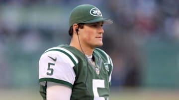 Jan 1, 2017; East Rutherford, NJ, USA; New York Jets quarterback Christian Hackenberg (5) watches from the sidelines during the fourth quarter against the Buffalo Bills at MetLife Stadium. Mandatory Credit: Brad Penner-USA TODAY Sports