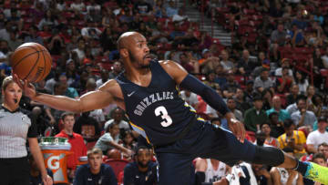 LAS VEGAS, NV - JULY 14: Jevon Carter #3 of the Memphis Grizzlies passes the ball against the Utah Jazz during the 2018 Las Vegas Summer League on July 14, 2018 at the Thomas & Mack Center in Las Vegas, Nevada. NOTE TO USER: User expressly acknowledges and agrees that, by downloading and/or using this photograph, user is consenting to the terms and conditions of the Getty Images License Agreement. Mandatory Copyright Notice: Copyright 2018 NBAE (Photo by Garrett Ellwood/NBAE via Getty Images)