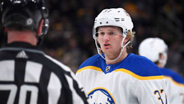 Apr 28, 2022; Boston, Massachusetts, USA; Buffalo Sabres center Casey Mittelstadt (37) has words with the official during the first period against the Boston Bruins at TD Garden. Mandatory Credit: Bob DeChiara-USA TODAY Sports