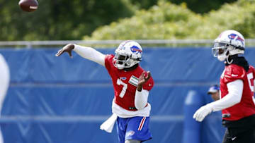 Jun 14, 2016; Orchard Park, NY, USA; Buffalo Bills quarterback Cardale Jones (7) throws a pass during mini-camp at the ADPRO Sports Training Center. Mandatory Credit: Kevin Hoffman-USA TODAY Sports