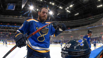 ST. LOUIS, MO - MARCH 12: Ryan O'Reilly #90 of the St. Louis Blues during warmups before the game against the Arizona Coyotes at Enterprise Center on March 12, 2019 in St. Louis, Missouri. (Photo by Scott Rovak/NHLI via Getty Images)