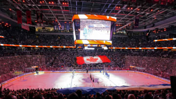 May 2, 2022; Toronto, Ontario, CAN; View of Scotiabank Arena during the anthems of game one of the first round of the 2022 Stanley Cup Playoffs between the Tampa Bay Lightning and Toronto Maple Leafs. Mandatory Credit: John E. Sokolowski-USA TODAY Sports