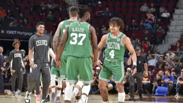 CLEVELAND, OH - OCTOBER 15: Carsen Edwards #4 of the Boston Celtics reacts to a play against the Cleveland Cavaliers during a pre-season game on October 15, 2019 at Quicken Loans Arena in Cleveland, Ohio. NOTE TO USER: User expressly acknowledges and agrees that, by downloading and/or using this Photograph, user is consenting to the terms and conditions of the Getty Images License Agreement. Mandatory Copyright Notice: Copyright 2019 NBAE (Photo by David Liam Kyle/NBAE via Getty Images)