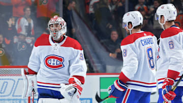 PHILADELPHIA, PA - NOVEMBER 07: Carey Price #31 of the Montreal Canadiens skates past teammates Ben Chiarot #8 and Shea Weber #6 after giving up the game-winning goal in overtime against the Philadelphia Flyers at Well Fargo Center on November 7, 2019 in Philadelphia, Pennsylvania. The Flyers won 3-2. (Photo by Drew Hallowell/Getty Images)