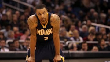 Jan 25, 2015; Orlando, FL, USA; Indiana Pacers guard George Hill (3) against the Orlando Magic during the second quarter at Amway Center. Mandatory Credit: Kim Klement-USA TODAY Sports