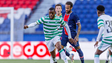 PARIS, FRANCE - JULY 21: #21 Olivier Ntcham of Celtic (L) is chased by #10 Neymar Junior of Paris Saint Germain (R) during the Friendly match Paris Saint-Germain and Celtic at Parc des Princes on July 21, 2020 in Paris, France. (Photo by Ricardo Nogueira/Eurasia Sport Images/Getty Images)