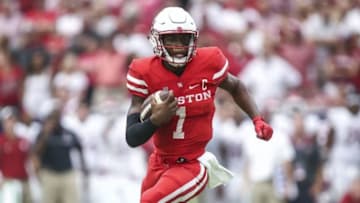Sep 3, 2016; Houston, TX, USA; Houston Cougars quarterback Greg Ward Jr. (1) in action during the game against the Oklahoma Sooners at NRG Stadium. Mandatory Credit: Troy Taormina-USA TODAY Sports