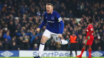 LIVERPOOL, ENGLAND - DECEMBER 18: Wayne Rooney of Everton celebrates as he scores their third goal from the penalty spot during the Premier League match between Everton and Swansea City at Goodison Park on December 18, 2017 in Liverpool, England. (Photo by Clive Brunskill/Getty Images)