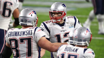 MINNEAPOLIS, MN - FEBRUARY 04: Rob Gronkowski #87 of the New England Patriots celebrates with Tom Brady #12 of the New England Patriots during the third quarter against the Philadelphia Eagles in Super Bowl LII at U.S. Bank Stadium on February 4, 2018 in Minneapolis, Minnesota. (Photo by Gregory Shamus/Getty Images)