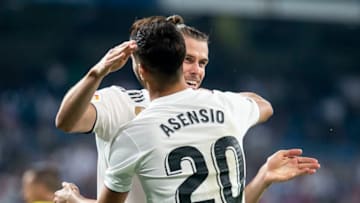 Real Madrid Gareth Bale celebrating a goal during La Liga match between Real Madrid and Getafe CF at Santiago Bernabeu in Madrid, Spain, on August 19, 2018.(Photo by Peter Sabok/COOLMedia/NurPhoto via Getty Images)