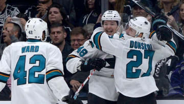 Apr 14, 2016; Los Angeles, CA, USA; San Jose Sharks right wing Joel Ward (42), center Tomas Hertl (48), right wing Joonas Donskoi (27) celebrate a goal in the second period of the game one of the first round of the 2016 Stanley Cup Playoffs against the Los Angeles Kings at Staples Center. Mandatory Credit: Jayne Kamin-Oncea-USA TODAY Sports