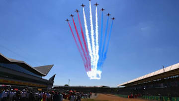 NORTHAMPTON, ENGLAND - JULY 08: The Red Arrows perform before the Formula One Grand Prix of Great Britain at Silverstone on July 8, 2018 in Northampton, England. (Photo by Mark Thompson/Getty Images)