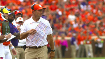 Clemson Tigers head coach Dabo Swinney during the first half of the game against the Florida State Seminoles at Clemson Memorial Stadium. Mandatory Credit: Joshua S. Kelly-USA TODAY Sports
