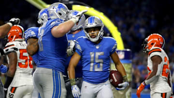 DETROIT, MI - NOVEMBER 12: Golden Tate #15 of the Detroit Lions is congratulated by teammates after scoring a touchdown against the Cleveland Browns during the fourth quarter at Ford Field on November 12, 2017 in Detroit, Michigan. (Photo by Gregory Shamus/Getty Images)