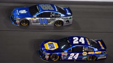 Feb 18, 2016; Daytona Beach, FL, USA; NASCAR Sprint Cup Series driver Dale Earnhardt, Jr. (88) and NASCAR Sprint Cup Series driver Chase Elliott (24) race during the Cam-Am Duels at Daytona race one at Daytona International Speedway. Mandatory Credit: Mike DiNovo-USA TODAY Sports