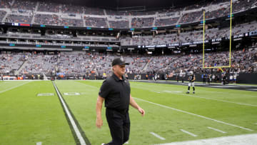 LAS VEGAS, NEVADA - OCTOBER 10: Head coach Jon Gruden of the Las Vegas Raiders walks on the field before a game against the Chicago Bears at Allegiant Stadium on October 10, 2021 in Las Vegas, Nevada. The Bears defeated the Raiders 20-9. (Photo by Ethan Miller/Getty Images)