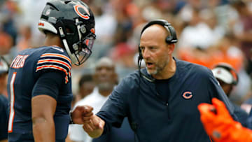 Matt Nagy, Justin Fields, Chicago Bears. (Mandatory Credit: Jon Durr-USA TODAY Sports)