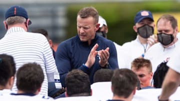 Auburn football head coach Bryan Harsin talks with his team after the game during Auburn football A-Day spring game at Jordan-Hare Stadium in Auburn, Ala., on Saturday, April 17, 2021.