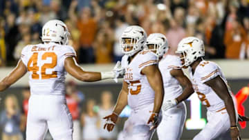 Sep 17, 2016; Berkeley, CA, USA; Texas Longhorns running back Chris Warren III (25) celebrates after scoring a touchdown against the California Golden Bears defense in the first quarter at Memorial Stadium. Mandatory Credit: John Hefti-USA TODAY Sports