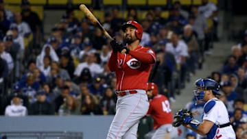 LOS ANGELES, CALIFORNIA - APRIL 15: Matt Kemp #42 of the Cincinnati Reds reacts to his check swing strike, in front of Austin Barnes #42 of the Los Angeles Dodgers during the seventh inning on Jackie Robinson Day at Dodger Stadium on April 15, 2019 in Los Angeles, California. All players are wearing the number 42 in honor of Jackie Robinson Day. (Photo by Harry How/Getty Images)