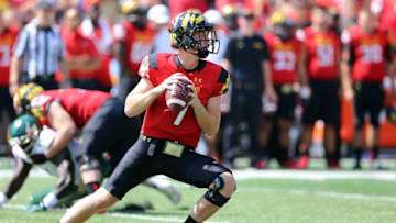 Sep 19, 2015; College Park, MD, USA; Maryland Terrapins quarterback Caleb Rowe (7) drops back to pass against the South Florida Bulls at Byrd Stadium. Mandatory Credit: Mitch Stringer-USA TODAY Sports