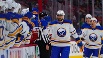 Apr 7, 2022; Raleigh, North Carolina, USA; Buffalo Sabres right wing Alex Tuch (89) celebrates his goal against the Carolina Hurricanes during the first period at PNC Arena. Mandatory Credit: James Guillory-USA TODAY Sports