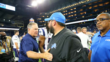 DETROIT, MI - AUGUST 08: Head coach Matt Patricia of the Detroit Lions and Bill Belichick of the New England Patriots shake hands at the end of the preseason game at Ford Field on August 8, 2019 in Detroit, Michigan. (Photo by Rey Del Rio/Getty Images)