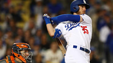 LOS ANGELES, CALIFORNIA - APRIL 02: Cody Bellinger #35 of the Los Angeles Dodgers hits a grand slam against the San Francisco Giants during the third inning at Dodger Stadium on April 02, 2019 in Los Angeles, California. (Photo by Yong Teck Lim/Getty Images)