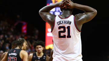 PISCATAWAY, NJ - FEBRUARY 16: Kofi Cockburn #21 of the Illinois Fighting Illini reacts during the second half of a game against the Rutgers Scarlet Knights at Jersey Mike's Arena on February 16, 2022 in Piscataway, New Jersey. Rutgers defeated Illinois 70-59. (Photo by Rich Schultz/Getty Images)