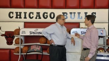 October 1, 2012; Chicago, IL, USA; Chicago Bulls Chairman Jerry Reinsdorf (left) and Chicago Bulls President and Chief Operating Officer Michael Reinsdorf talk during Chicago Bulls media day at the Berto Center. Mandatory Credit: David Banks-USA TODAY Sports