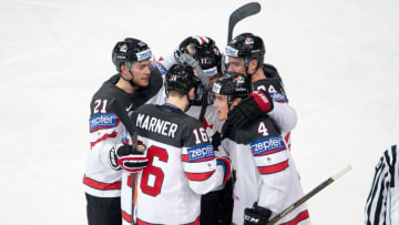 PARIS, FRANCE - MAY 05: #4 Tyson Barrie (CAN) celebrates his goal with teammates during the Ice Hockey World Championship between Czech Republic and Canada at AccorHotels Arena in Paris, France, on May 05, 2017. (Photo by Robert Hradil/Icon Sportswire via Getty Images)
