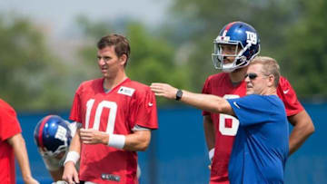 Jul 30, 2016; East Rutherford, NJ, USA; New York Giants quarterback coach Frank Cignetti Jr. talks with quarterback Logan Thomas (6) and quarterback Eli Manning (10) during training camp at Quest Diagnostics Training Center. Mandatory Credit: William Hauser-USA TODAY Sports