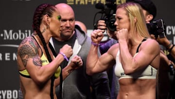 LAS VEGAS, NV - DECEMBER 29: (L-R) Cris Cyborg of Brazil and Holly Holm face off during the UFC 219 weigh-in inside T-Mobile Arena on December 29, 2017 in Las Vegas, Nevada. (Photo by Jeff Bottari/Zuffa LLC/Zuffa LLC via Getty Images)