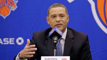 GREENBURG, NY - JULY 17: New York Knicks team President, Steve Mills and Jeff Hornacek of the New York Knicks introduce General Manager Scott Perry at a pess conference at the at Knicks Practice Center July 17, 2017 in Greenburg, New York. NOTE TO USER: User expressly acknowledges and agrees that, by downloading and/or using this photograph, user is consenting to the terms and conditions of the Getty Images License Agreement. Mandatory Copyright Notice: Copyright 2017 NBAE (Photo by Steven Freeman/NBAE via Getty Images)