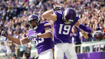 Oct 9, 2016; Minneapolis, MN, USA; Minnesota Vikings wide receiver Adam Thielen (19) celebrates his touchdown with tight end MyCole Pruitt (83) during the first quarter against the Houston Texans at U.S. Bank Stadium. Mandatory Credit: Brace Hemmelgarn-USA TODAY Sports