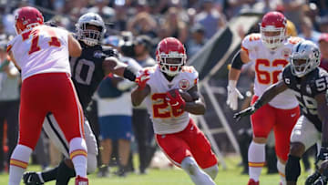 OAKLAND, CA - SEPTEMBER 15: LeSean McCoy #25 of the Kansas City Chiefs carries the ball against the Oakland Raiders during the second quarter of an NFL football game at RingCentral Coliseum on September 15, 2019 in Oakland, California. (Photo by Thearon W. Henderson/Getty Images)