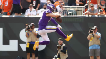 CINCINNATI, OHIO - SEPTEMBER 12: Adam Thielen #19 of the Minnesota Vikings celebrates after scoring for a touchdown against the Cincinnati Bengals at Paul Brown Stadium on September 12, 2021 in Cincinnati, Ohio. (Photo by Andy Lyons/Getty Images)