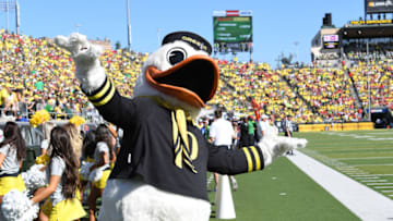 EUGENE, OR - SEPTEMBER 09: The Oregon Ducks mascot, Puddles, performs during a college football game between the Nebraska Cornhuskers and the Oregon Ducks on September 9, 2017, at Autzen Stadium in Eugene, OR. (Photo by Brian Murphy/Icon Sportswire via Getty Images)