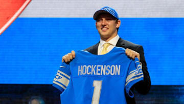 NASHVILLE, TENNESSEE - APRIL 25: T.J. Hockenson of Iowa reacts after being chosen #8 overall by the Detroit Lions during the first round of the 2019 NFL Draft on April 25, 2019 in Nashville, Tennessee. (Photo by Andy Lyons/Getty Images)